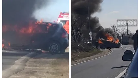 Maşină în flăcări, după ce s-a ciocnit cu un dric. Patru oameni au fost răniţi