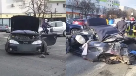 Pericol pe străzile din Capitală! Un șofer a provocat un grav accident rutier! Mașina, făcută PRAF