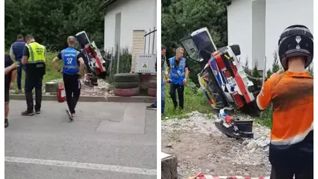 Accident la raliul de la Sinaia. Un pilot s-a răsturnat cu maşina şi a intrat în zidul unei case VIDEO