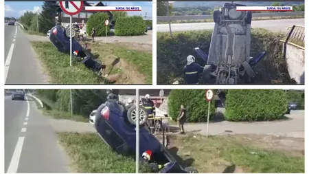 Accident grav în Argeş. O mașină a ieșit de pe șosea, a lovit un cap de pod şi s-a răsturnat în şanţ