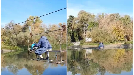 Imagini incredibile! O bătrână traversează Mureşul cu o tiroliană improvizată. VIDEO