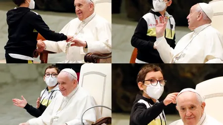 Papa Francisc a avut parte de un moment insolit. Un copil insistent a ţopăit în faţa sa şi a vut să-i ia boneta VIDEO