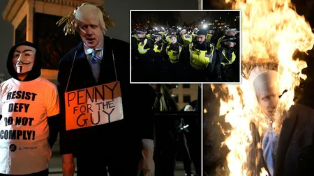 Manifestaţii masive în Londra. Protestatarii au ars o statuie reprezentându-l pe Boris Johnson şi s-au luptat cu poliţia