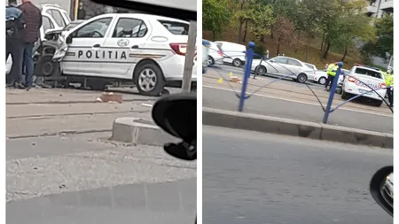 Accident grav cu maşina Poliţiei, în Capitală. Autospeciala a intrat într-un biciclist, apoi a lovit un alt autoturism