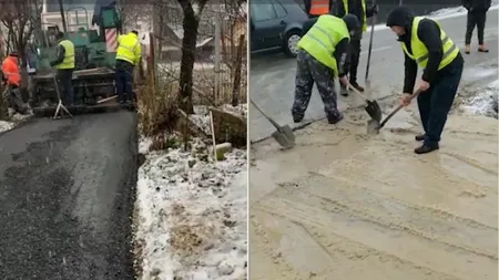 Bătaie de joc. Asfaltare peste zăpadă şi noroi. 