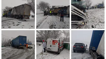 Carambol pe E85. Două TIR-uri şi trei autoturisme au fost implicate într-un accident