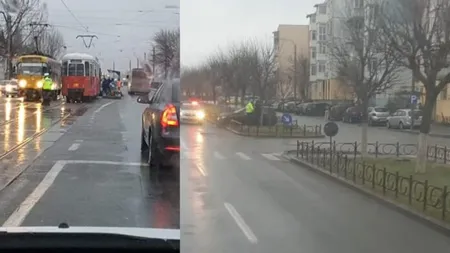 Accidente în lanţ din cauza poleiului. Două fete au fost lovite de maşină într-o staţie de tramvai