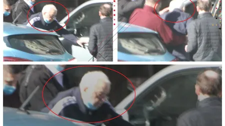Alexandru Arşinel, ajutat de colegii de la teatru să se urce în maşină. Cum a fost fotografiat actorul