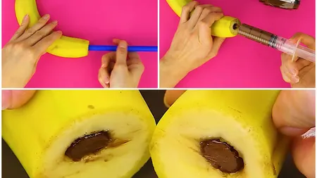 Banane umplute cu cremă de ciocolată, desertul neconvenţional care se prepară cu seringa. Nimeni nu i-a putut rezista până acum