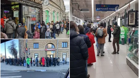 FOTO! Rusia e în colaps economic! La două săptămâni de la începerea războiului, oamenii îşi scot toţi banii din bănci! Cozi uriaşe la bancomate, magazine goale, multinaţionale închise şi riscul de faliment este uriaş