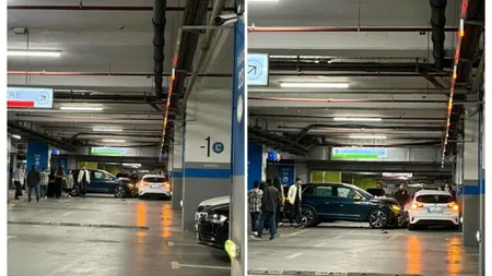 Accident cu cinci maşini în parcarea unui mall din Capitală. Două persoane au ajuns la spital VIDEO
