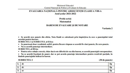 Barem matematică Evaluare Naţională 2022. Cum se rezolvau subiectele. Cîmpeanu: Se punctează orice soluţie alternativă de rezolvare care este corectă