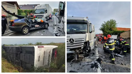 Val de accidente în România. Un autocar s-a răsturnat pe Autostrada A1. Doi morţi după ce o maşină s-a ciocnit cu un TIR pe DN1