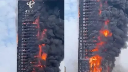 Incendiu violent într-un zgârie-nori, zeci de etaje în flăcări. VIDEO spectaculos