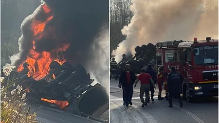 Un TIR s-a răsturnat şi a luat foc în județul Giurgiu