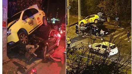 Accident spectaculos în București! Mașina unui tânăr de 21 de ani a ajuns sub un taxi parcat pe Calea Rahovei