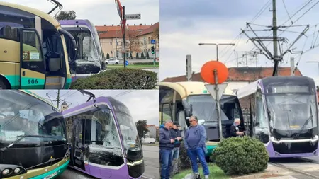 Unul dintre tramvaiele noi din Timișoara a fost implicat într-un accident cu un autobuz