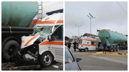 Ambulanță în misiune făcută zob de o cisternă. Pacientul care era transportat la spital a murit în accident, iar cadrele medicale au suferit răni grave