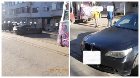 Ce tupeu! O șoferiță din Brăila și-a parcat BMW-ul pe linia de tramvai și a plecat liniștită să își pună gene false