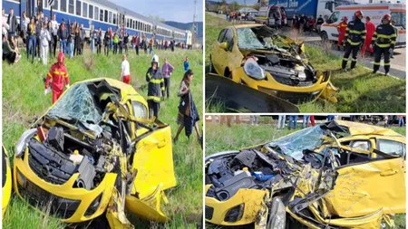 Maşină lovită violent de tren în Vaslui! Două persoane grav rănite, printre care un copil de 7 ani. Şoferiţa avea permis de 3 luni