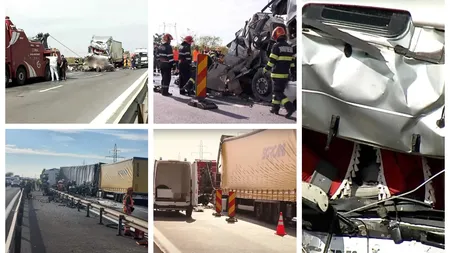 Accidentul de pe A1, în care cinci muncitori au murit în microbuzul strivit între două TIR-uri, a fost filmat VIDEO