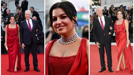 Romina Gingașu și Piero Ferrari, apariție spectaculoasă la Festivalul de Film de la Veneția. Românca a strălucit într-o rochie roșie și un colier de 1 milion de euro