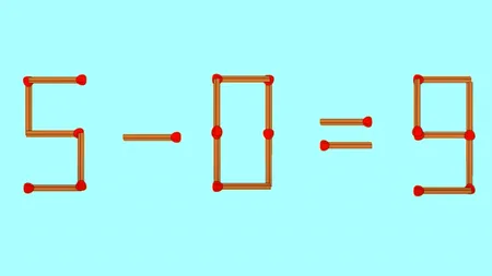 Test IQ. Mută un singur băț de chibrit pentru a corecta 5-0=9