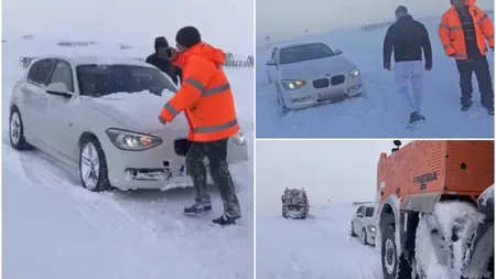 A vrut să fie şmecher, dar s-a făcut de râs! Un bombardier cu BMW a forţat filtrul la Rânca şi a rămas blocat în zăpadă VIDEO