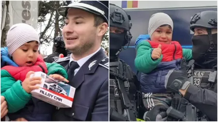 Momente lacrimogene la Botoșani! Aryan s-a întâlnit cu polițiștii care l-au salvat din pădure. Ce a primit micuțul supraviețuitor de la oamenii legii