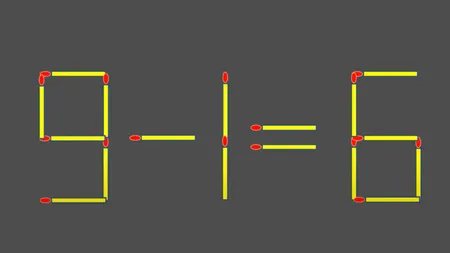 Test de inteligență cu chibrituri. Mută un singur băț pentru a corecta egalitatea 9-1=6