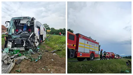 Accident grav în Sibiu. Un autocar cu 57 de pasageri și un TIR s-au ciocnit violent