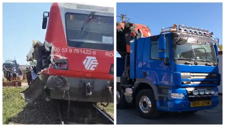 Accident feroviar în Constanța. Un tren, în care se aflau 40 de călători, a lovit un camion încărcat cu piatră