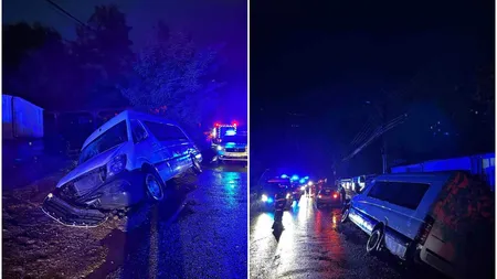 Plan roșu de intervenție în Suceava. Un microbuz cu călători a derapat și s-a răsturnat într-un șanț