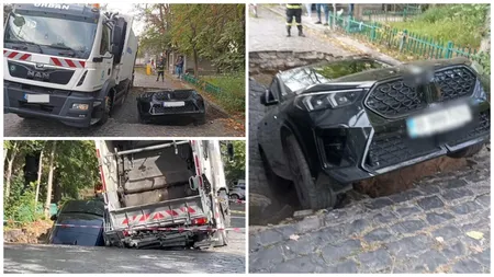 BMW „îngropat” după ce o stradă din Sectorul 6 s-a surpat. În mașină se aflau o femeie și un copil în vârstă de cinci ani