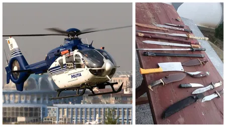 VIDEO Percheziții în Țăndărei cu elicopter și trupe speciale. Polițiștii au găsit armament, săbii și topoare