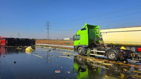 Accident grav cu trei TIR-uri pe Autostrada A0, între Berceni şi Bragadiru. Unul dintre vehicule s-a răsturnat. O persoană a murit și trei sunt rănite