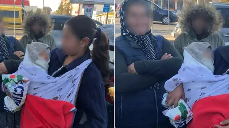 Bebeluș de aproape o lună, luat de mama lui la cerșit pe stradă, în frig. Polițiștii au intervenit imediat