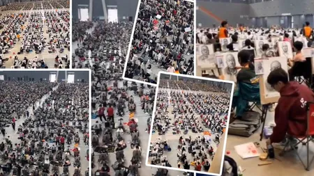 Examen cu 10.000 de studenți simultan într-un hangar unde se parcau avioane. Imagini fabuloase din China