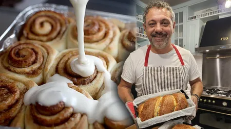 Chef Sorin Bontea prepară rulouri „crăciunistice” cu scorțișoară. Desertul pufos și aromat care nu trebuie să lipsească de pe masa de Crăciun