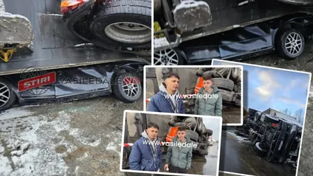 Doi tineri au scăpat ca prin urechile acului după ce un TIR s-a răsturnat peste mașina lor: ”Dumnzeu a fost de partea lor”