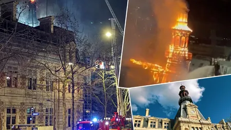 Incendiu devastator la Paris! Turla de 36 de metri a unei primării a fost făcută scrum și riscă să se prăbușească. VIDEO