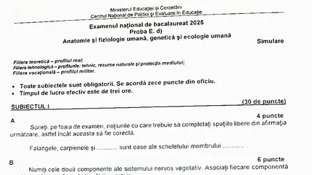 Simulare BAC 2025. Subiecte Biologie - Anatomie și fiziologie umană