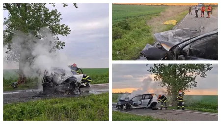 Accident teribil pe un drum din Timiș. Un bărbat a murit după ce mașina în care se afla s-a izbit de un copac și a luat foc