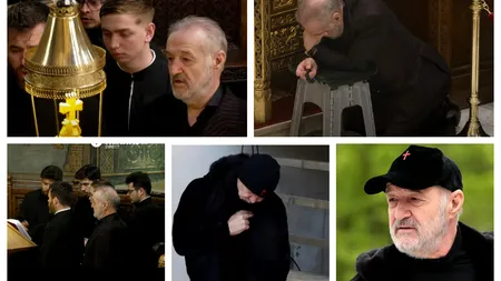 Gigi Becali, în genunchi, în timpul slujbei Denia celor 12 Evanghelii: 