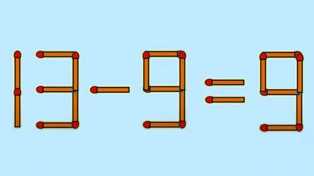Test IQ. Mută un singur băț de chibrit pentru a corecta ecuația 13 - 9 = 9