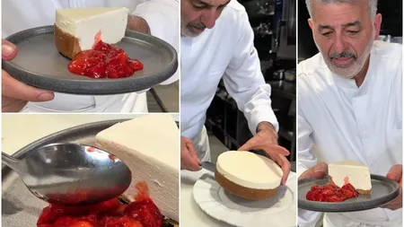 Cheesecake cu sos de căpșuni, după rețeta lui chef Joseph Hadad. Ingredientul-cheie care îi conferă o aromă aparte și o textură cremoasă