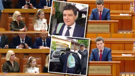 Nicușor Dan, cu ghiozdanul fetiței sale în spate înainte de învestire. Partenera lui lipseşte de la ceremonie întrucât mezinul familiei este bolnav. Fiica sa, Aheea, a venit la Parlament direct de la școală