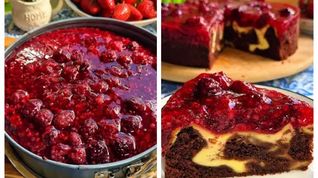 Tort Negresă cu Cheesecake și Jeleu de mure și zmeură. Desertul spectaculos cu care nu vei da greș. Rețeta este virală