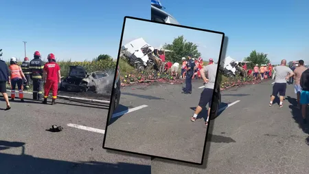 Tragedie pe DN54. Doi șoferi morți și un pasager rănit, în urma unui accident cu o dubă de pepeni. O mașină a luat foc