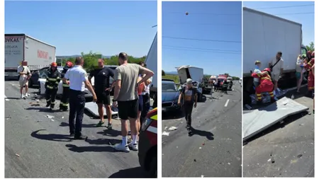 Accident cu șapte mașini pe Autostrada A1. 11 persoane au fost implicate, iar printre răniți se află și copii
